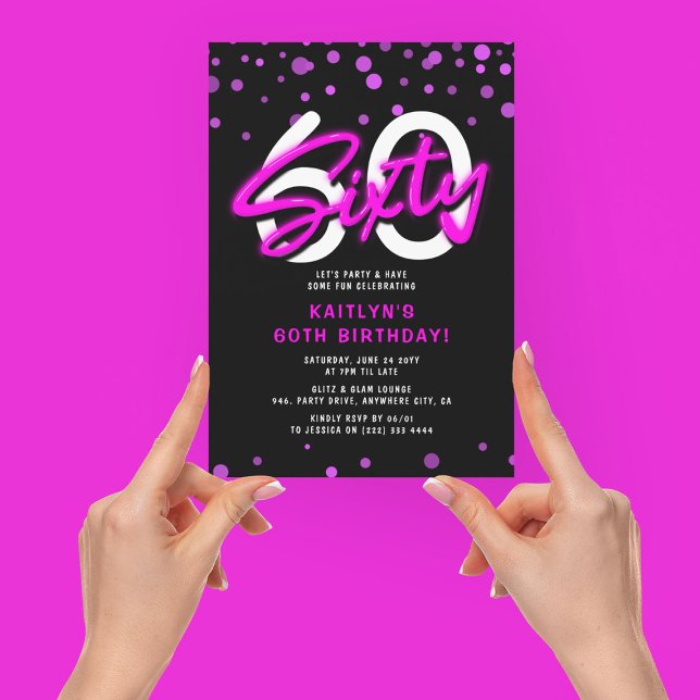 Neon Pink Sixty 60th Birthday Party Invitation (Creator Uploaded)