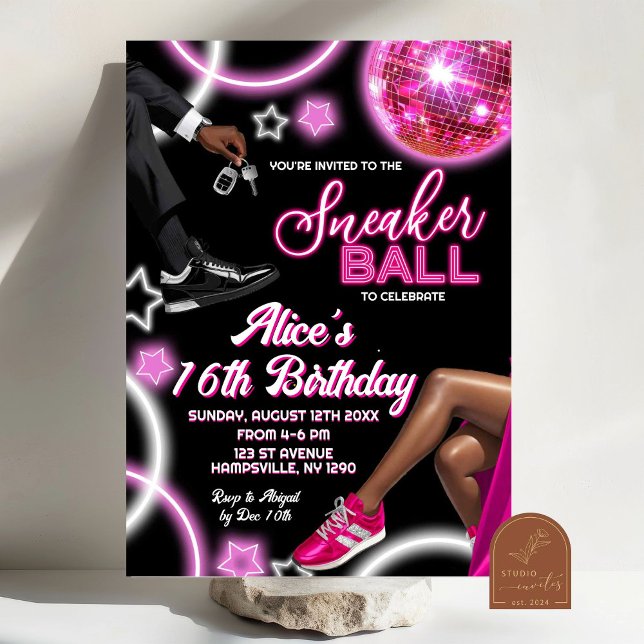 Neon Pink Sneaker Ball and Disco Ball Birthday Invitation (Creator Uploaded)
