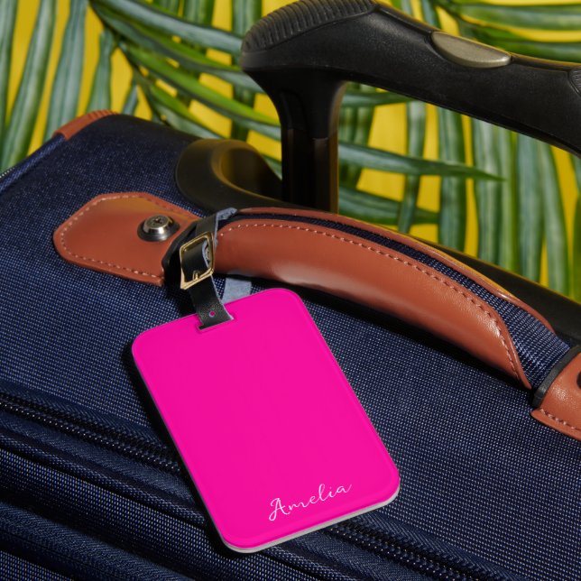 Neon Pink Solid Colour custom name Luggage Tag (Front Insitu 1)