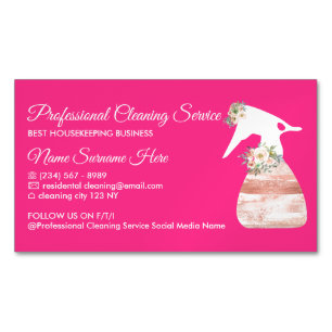 Neon Pink Spray Flower Glamour Cleaning Service Magnetic Business Card