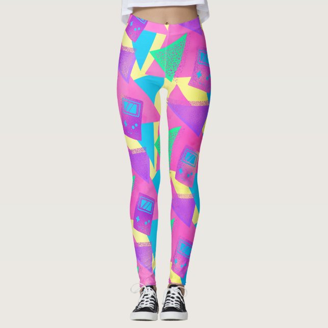 Neon Pink Teal Trendy 80's Game Music Leggings (Front)