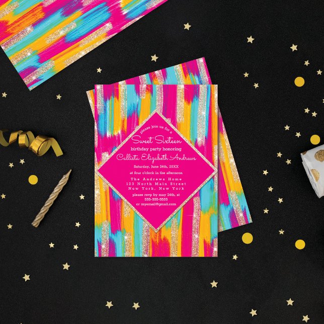 Neon Pink Teal Yellow Gold Glitter Paint Sweet 16 Invitation (Creator Uploaded)