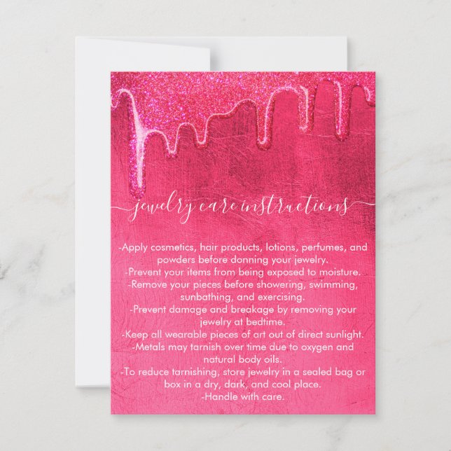Neon Pink Thick Glitter Drips Jewellery Care Card (Front)