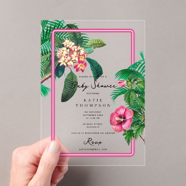 Neon Pink Tropical Botanicals Baby Shower Acrylic Invitations (Insitu (Handheld))