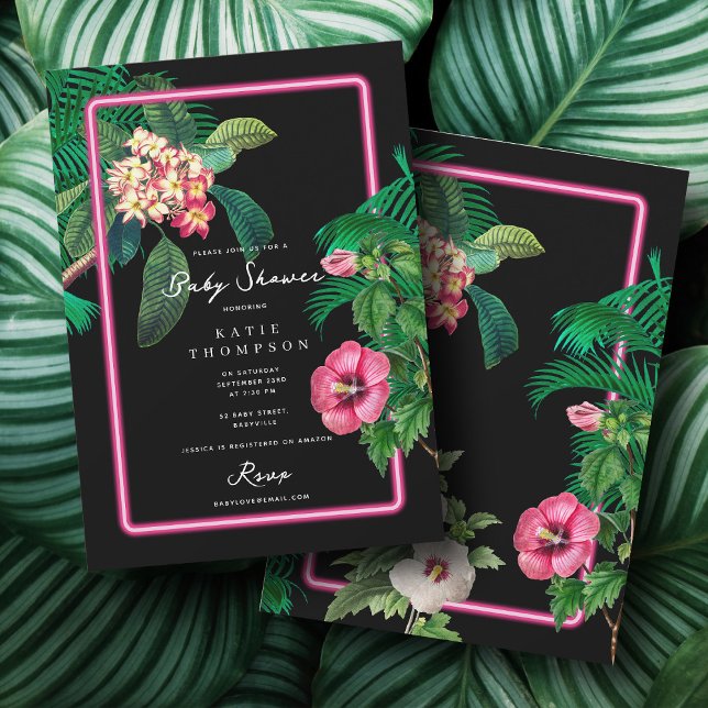 Neon Pink Tropical Botanicals Baby Shower Invitation (Neon Pink Tropical Botanicals Baby Shower Invitation)