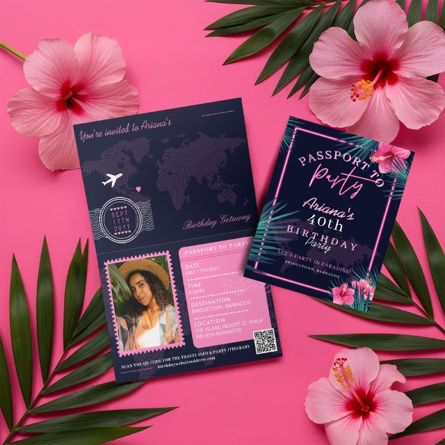 Neon Pink Tropical Passport Destination Birthday Invitation (Neon Pink Tropical Passport Destination Birthday Invitation)