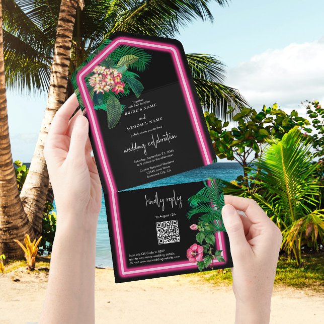 Neon Pink Tropical Retro Botanicals Wedding All In One Invitation (Neon Pink Tropical Retro Botanicals Wedding All In One Invitation)