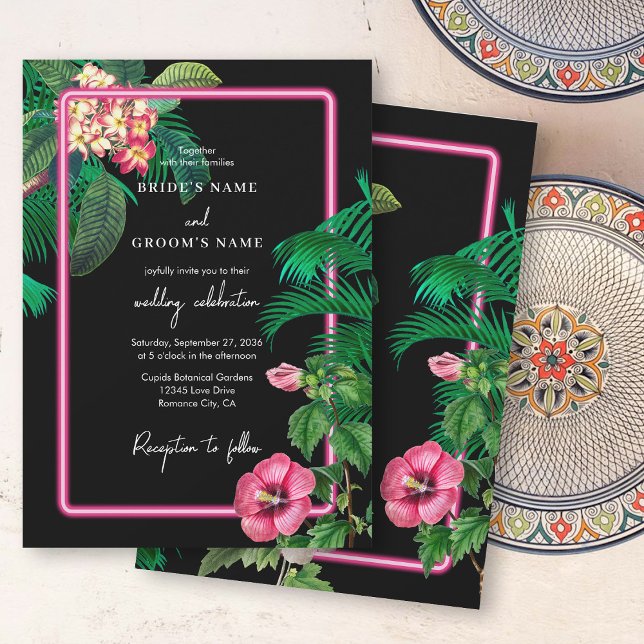 Neon Pink Tropical Retro Botanicals Wedding Invitation (Neon Pink Tropical Retro Botanicals Wedding Invitation)