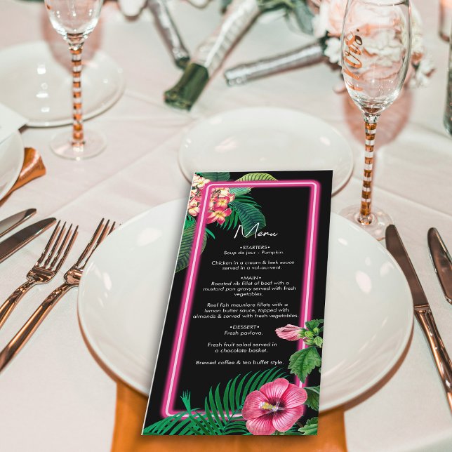 Neon Pink Tropical Retro Botanicals Wedding Menu (Neon Pink Tropical Retro Botanicals Wedding Menu)