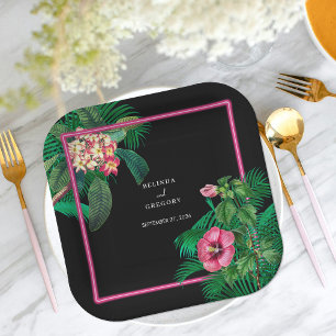 Neon Pink Tropical Retro Botanicals Wedding Paper Plate
