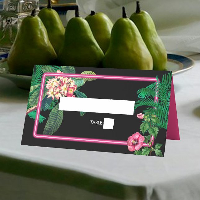 Neon Pink Tropical Retro Botanicals Wedding Place Card (Neon Pink Tropical Retro Botanicals Wedding Place Card)
