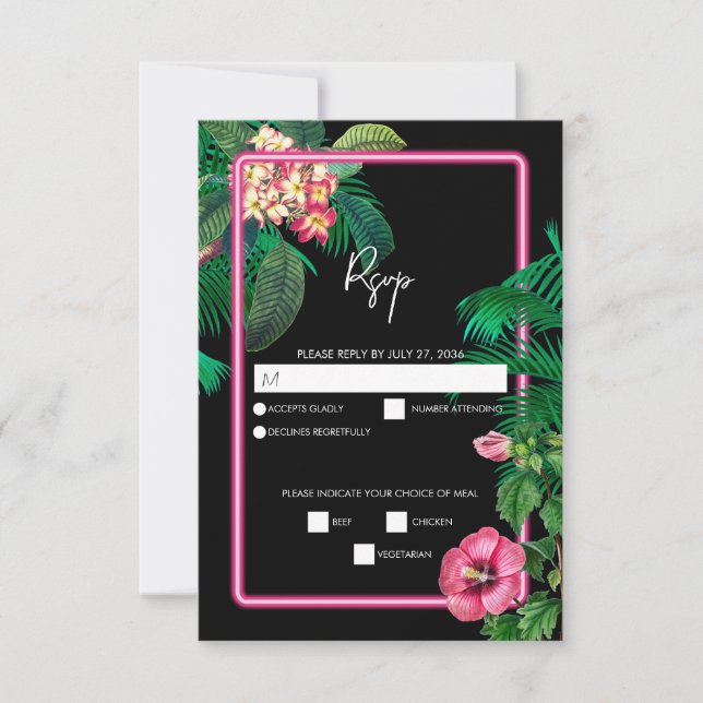 Neon Pink Tropical Retro Botanicals Wedding RSVP Card (Front)
