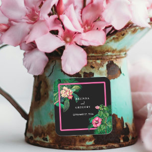 Neon Pink Tropical Retro Botanicals Wedding Square Sticker