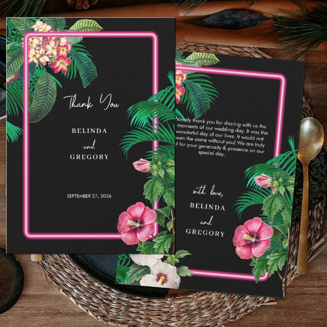 Neon Pink Tropical Retro Botanicals Wedding Thank You Card (Neon Pink Tropical Retro Botanicals Wedding Thank You Card)