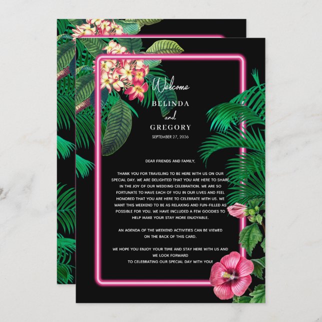 Neon Pink Tropical Retro Wedding Itinerary Programme (Front/Back)