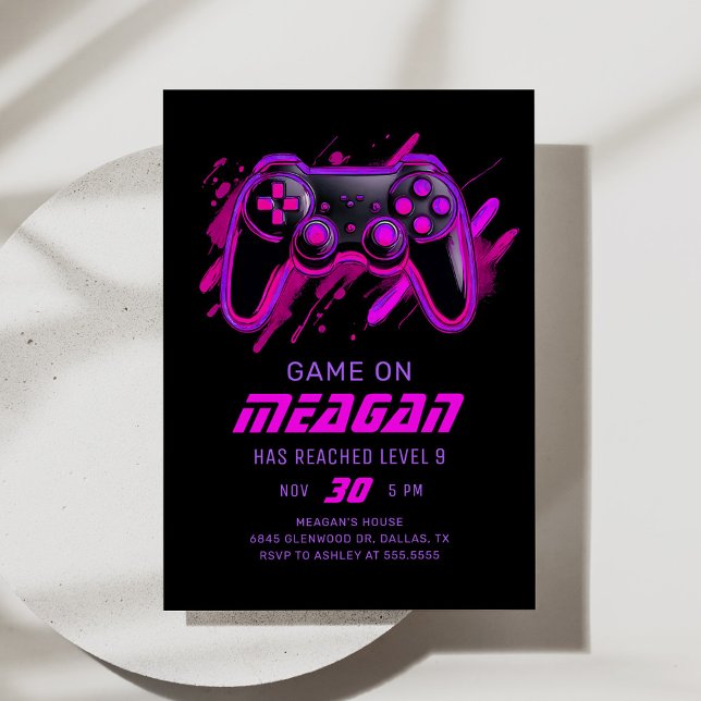 Neon Pink Video Game Gamer Birthday Invitation (Creator Uploaded)