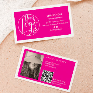 Neon pink white minimalist logo Qr order thank you Business Card