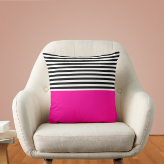 Neon Pink With Black and White Stripes Cushion