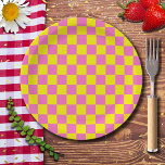 Neon Pink Yellow Chequered Chequerboard Vintage Paper Plate<br><div class="desc">Neon Pink and Yellow Chequered Chequerboard | Vintage | Classic | Trendy | Stylish | Fashion | Minimal</div>