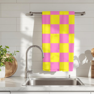 Neon Pink Yellow Chequered Chequerboard Vintage Tea Towel