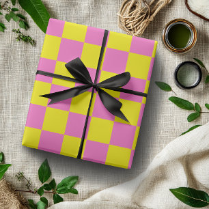 Neon Pink Yellow Chequered Chequerboard Vintage Wrapping Paper