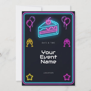 Neon Pixel Cake Party Frame Invitation