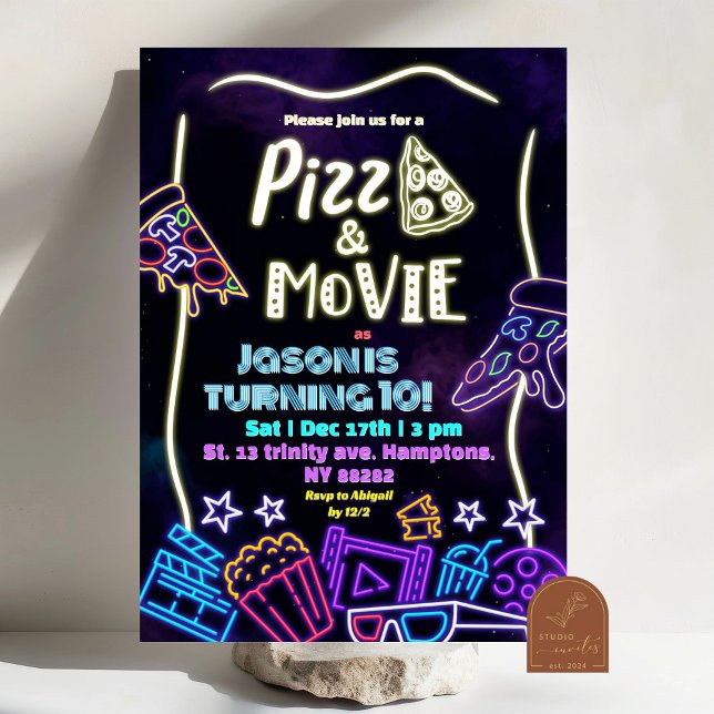 Neon Pizza And Movies Kids Birthday Invitation (Creator Uploaded)
