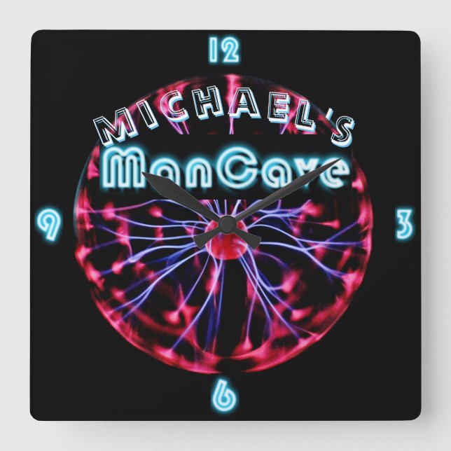 Neon Plasma Ball Mancave Gaming Den Personalised Square Wall Clock (Front)