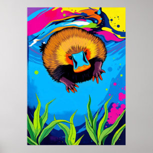 Neon Platypus Underwater Splash - Colourful Aussie Poster