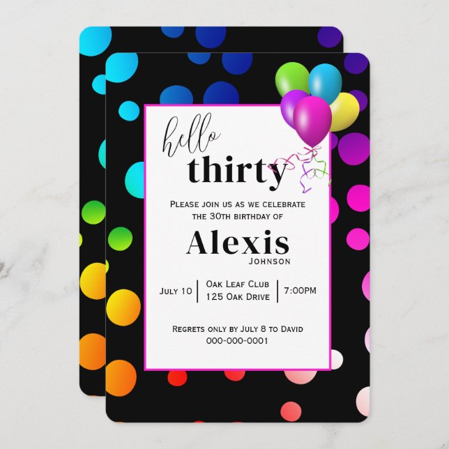 Neon Polka Dots for 30th Birthday Party Invitation (Front/Back)