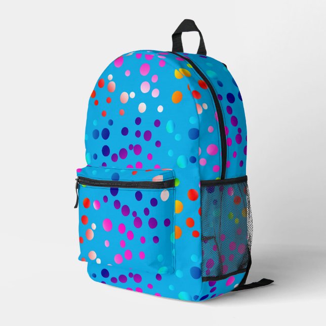 Neon Polka Dots On Aqua Printed Backpack (Back Corner Right)