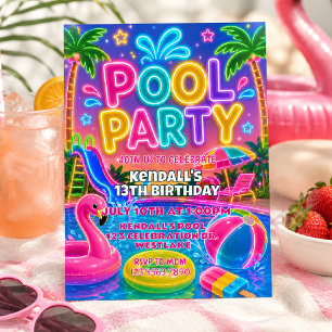 Neon Pool Party Birthday Glow Summer Invitation