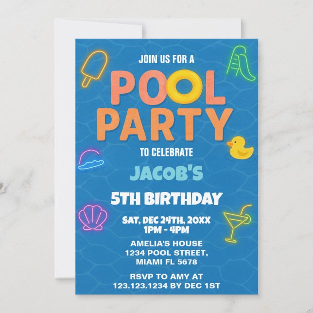 Neon Pool Party Birthday Invitation (Front)