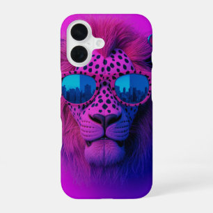 Neon Pop Art Lion Wearing Blue Sunglasses iPhone 16 Case