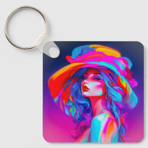 Neon Pop Art Portrait  Key Ring