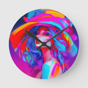 Neon Pop Art Portrait  Round Clock