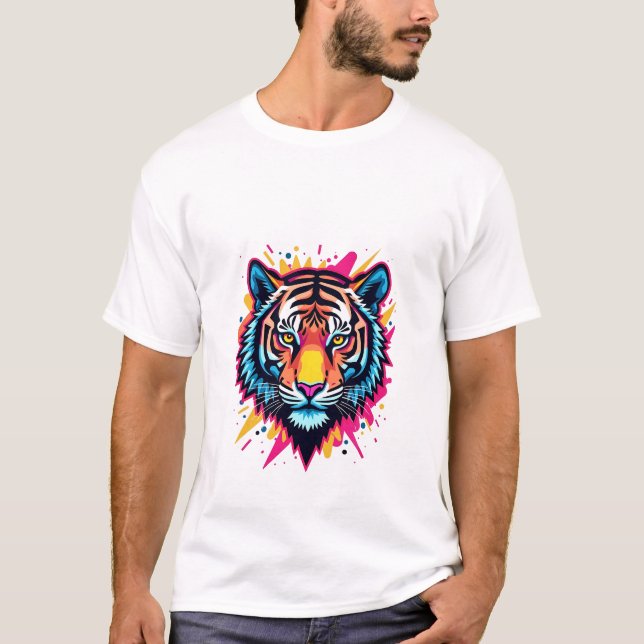 Neon Pop-Art Tiger Design T-Shirt (Front)