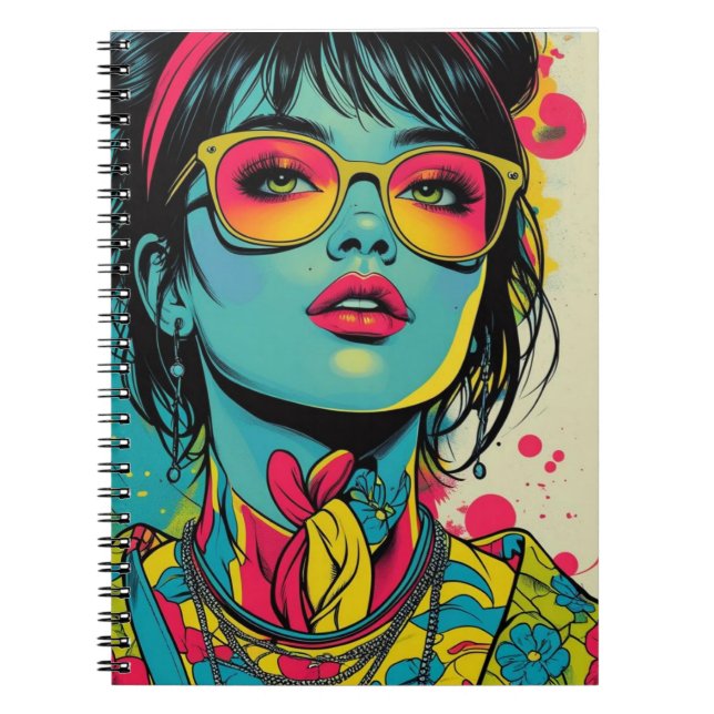 Neon Pop Diva Portrait – Bold & Vibrant Retro Art Notebook (Front)