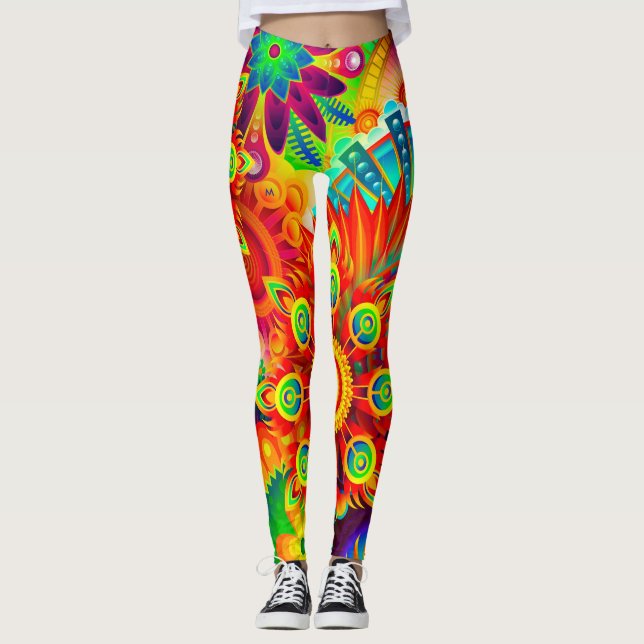 Neon Psychedelic Abstract Cool Cute Fractal Leggings (Front)