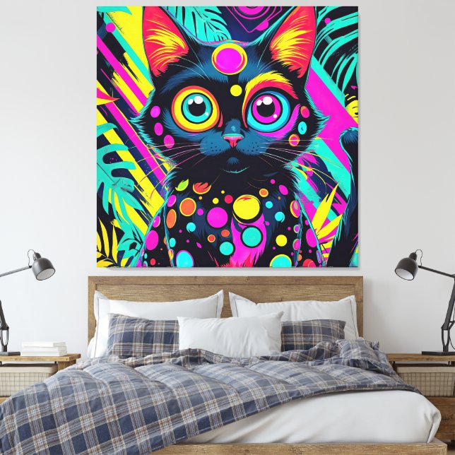 ✨ Neon Psychedelic Cat – Pop Art Design 🎨🐱 Canvas Print (Insitu(Bedroom))