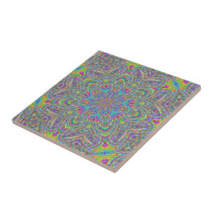 Neon Psychedelic Funky Floral Kaleidoscope Pattern Tile