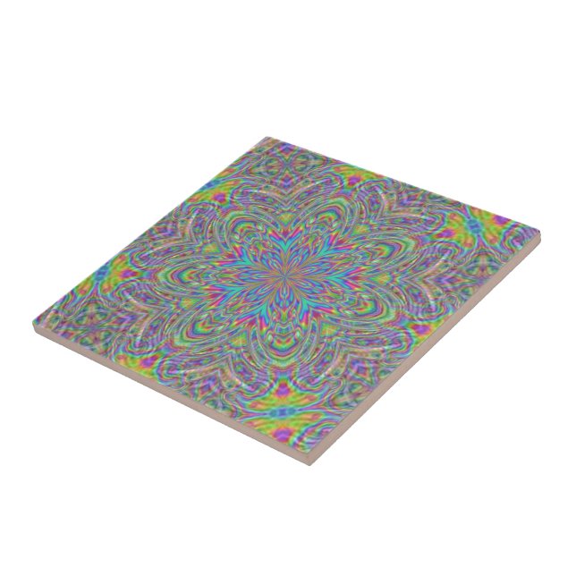 Neon Psychedelic Funky Floral Kaleidoscope Pattern Tile (Side)