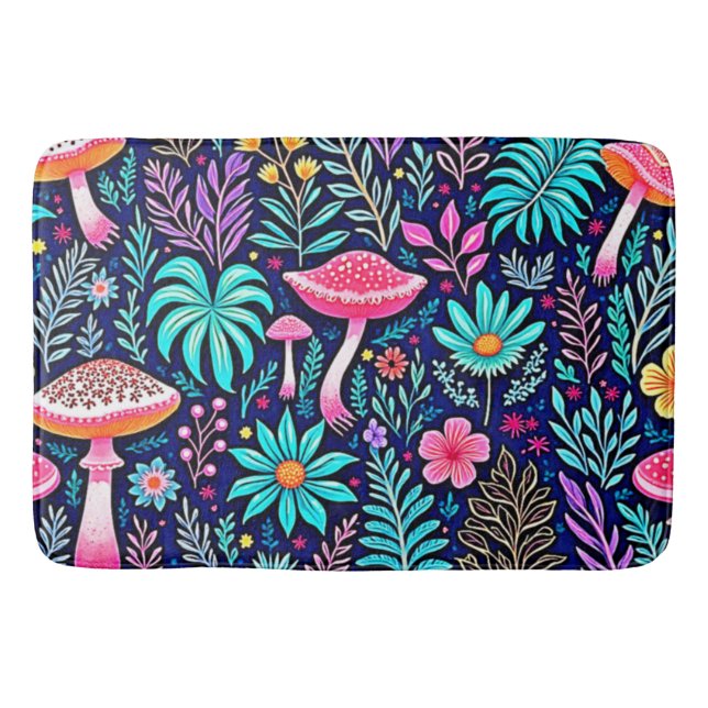 Neon Psychedelic Mushroom Forest Dream Bath Mat (Front)