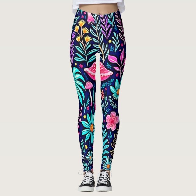 Neon Psychedelic Mushroom Forest Dream Leggings (Front)