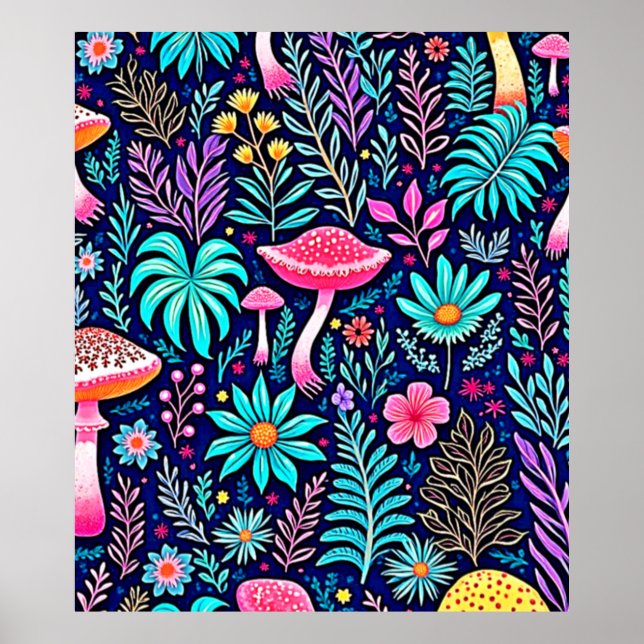 Neon Psychedelic Mushroom Forest Dream Poster (Front)