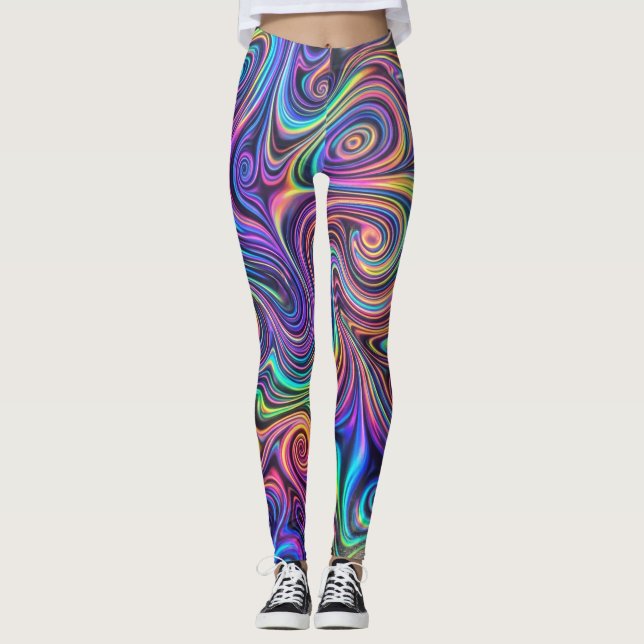Neon Psychedelic Swirl Abstract Pattern Leggings (Front)