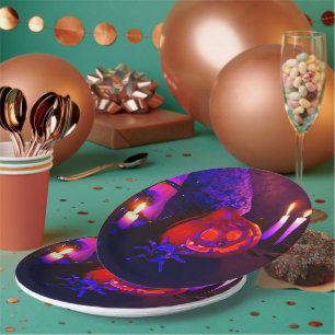 Neon pumpkins paper plate