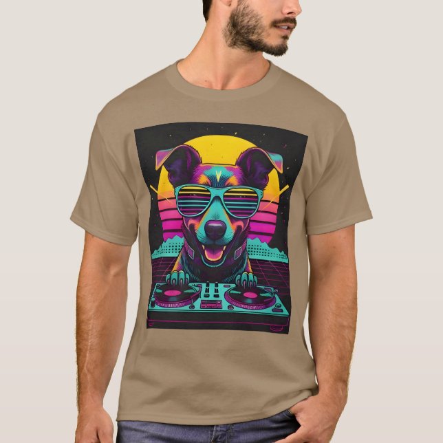 Neon Pup DJ Synthwave gift T-Shirt (Front)