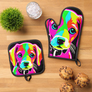 Neon Puppy Pop Art Oven Mitt & Pot Holder Set