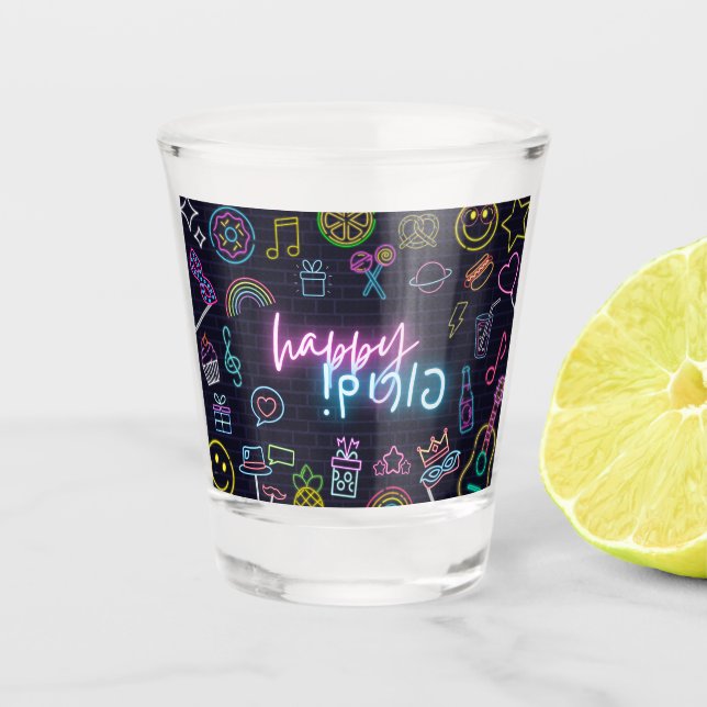 Neon Purim Shot Glass (Front)
